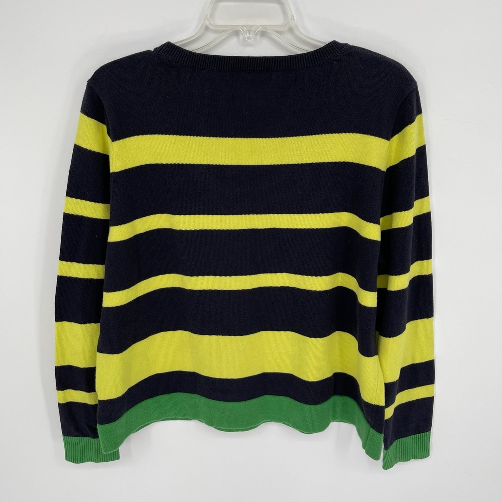 Liz Claiborne Women's Navy Yellow Striped Cotton Knit Crewneck Sweater Size XL - Picture 2 of 3